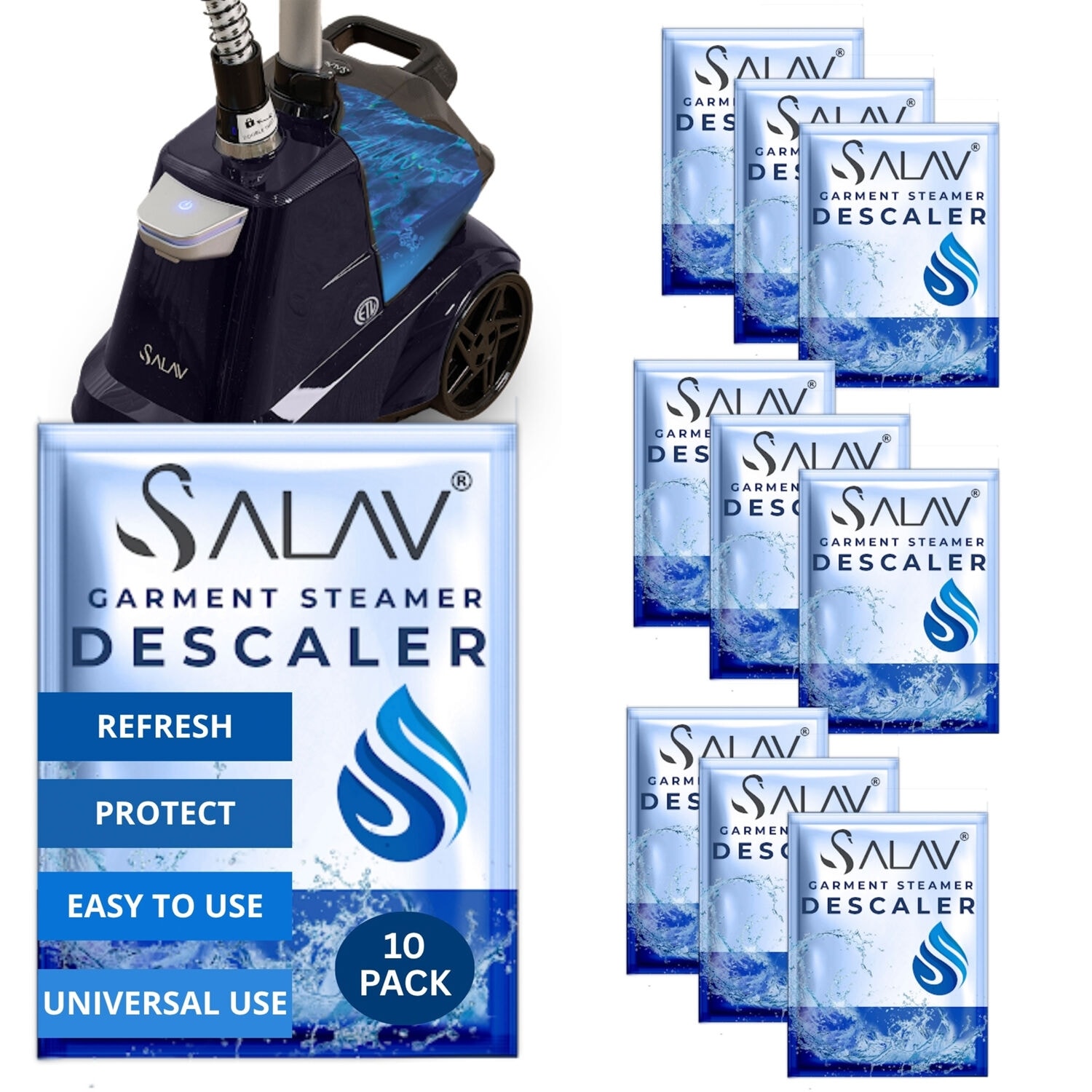 SALAV Upright Garment Steamer Descaling Packets for Mineral Build-Up, 10 Piece