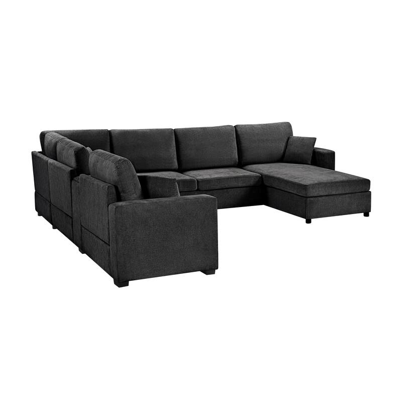 Modern 5-Seat Modular U-Shaped Sectional Sofa with Chaise, Storage Drawer, Built-In Cup Holders and Throw Pillows