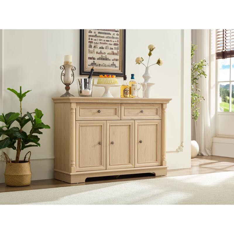 Farmhouse Style Kitchen Storage Cabinet, Large Wall Cabinet with Drawers and Doors in Roman Column Shape, Wooden Coffee Bar