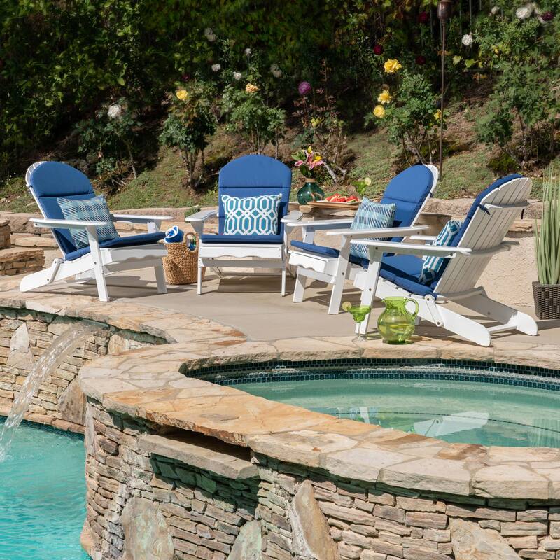 Malibu Outdoor Acacia Wood Folding Adirondack Chairs with Cushions (Set of 4) by Christopher Knight Home - White+Navy Blue Cushion