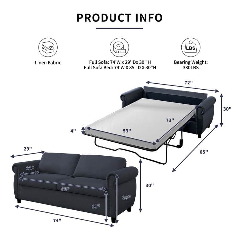 Mixoy Full/Queen Size Pull Out 2 in 1 Sleeper Sofa Bed with Mattress,Convertible Upholstered Loveseat with Nailhead