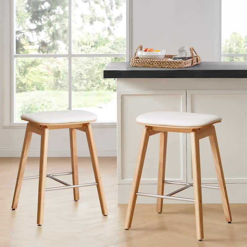 26-Inch Faux Leather Wood Counter Stools Set of 1/2/3 - 26"H x 18.1"L x 16.5"D - Set of 2 - Natural Legs