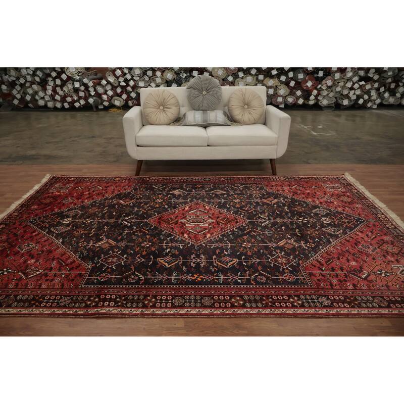 Hand Knotted Oriental 100% Wool Carpet Traditional Medallion Greys & Charcoal Shiraz Area Rug - 9' 11'' X 6' 8''