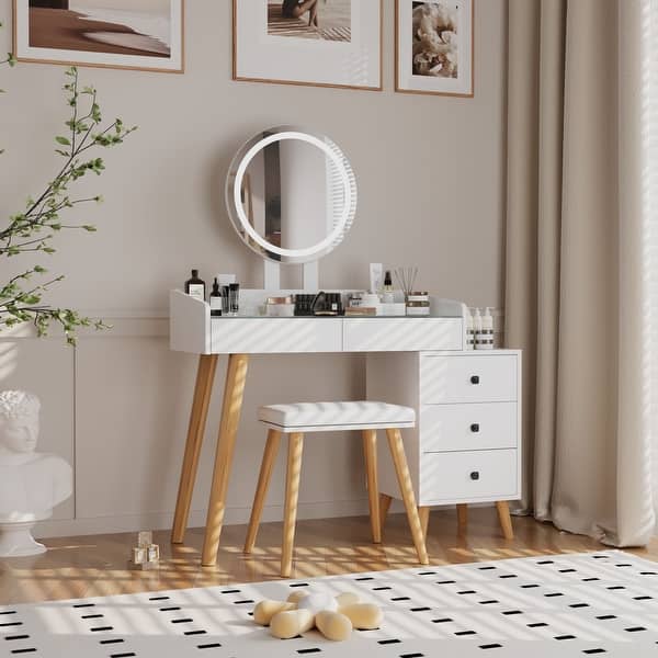 white dressing table with stool and mirror White Dressing Table and Stool Set with Touch Light and Mirror - Bed Bath &  Beyond