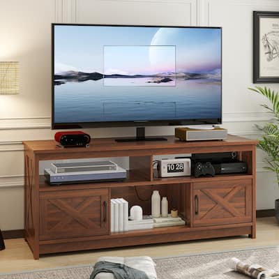 Moasis Farmhouse Barn Door Wood TV Stand with Power Outlet, Entertainment Center with Shelves for TV up to 65"