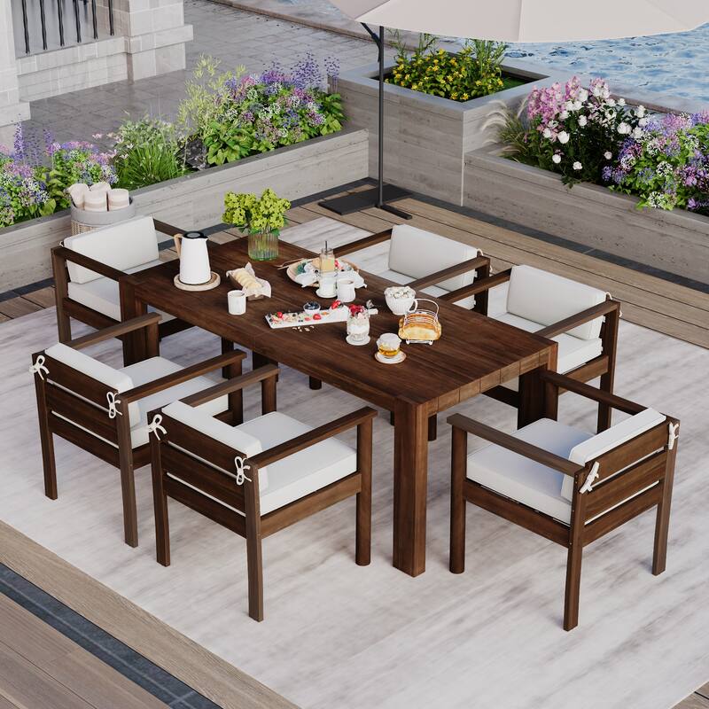 7-Piece Outdoor Patio Dining Set Wood Rectangular Dining Table and 6 Arm Chairs with Parasol Hole and Removable Cushions