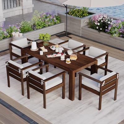 7-Piece Outdoor Patio Dining Set Wood Rectangular Dining Table and 6 Arm Chairs with Parasol Hole and Removable Cushions