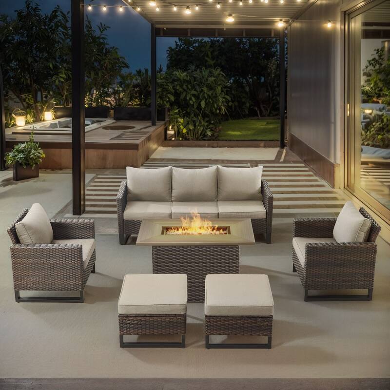 Gymojoy Outdoor Fire Pit Conversation Set, Patio Furniture with Cushions - 6 PCS -  Sofa & Club Chair & Ottomans & Fire Pit - Brown Wicker / Beige Cusion