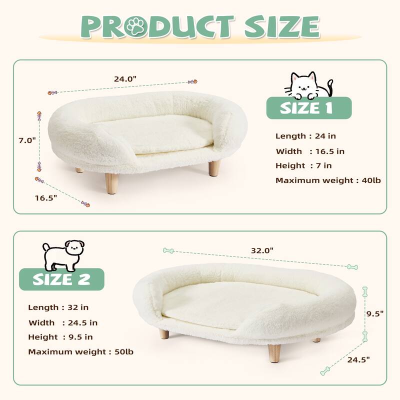 Pet Beds for Medium Dogs and Cats, Foam Sofa with Removable Plush Cover, Wooden Legs with Anti-Slip Pads