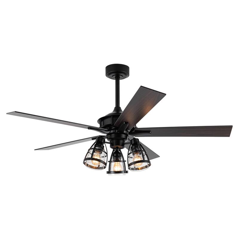 52" Industrial Matte Black Wood 3-Light Glass Ceiling Fan Chandelier with Remote