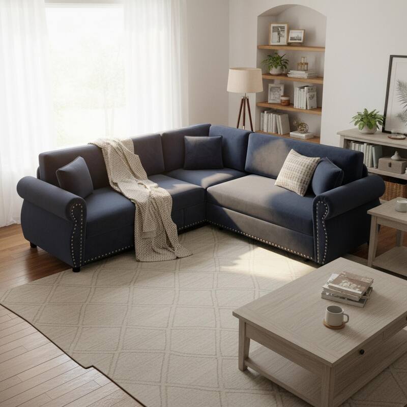 Homy Casa L-Shaped Sectional Sofa w/ Pull-Out Bed, Chenille Sleeper Couch w/ Nailhead Trim & Rolled Arm, Oversize