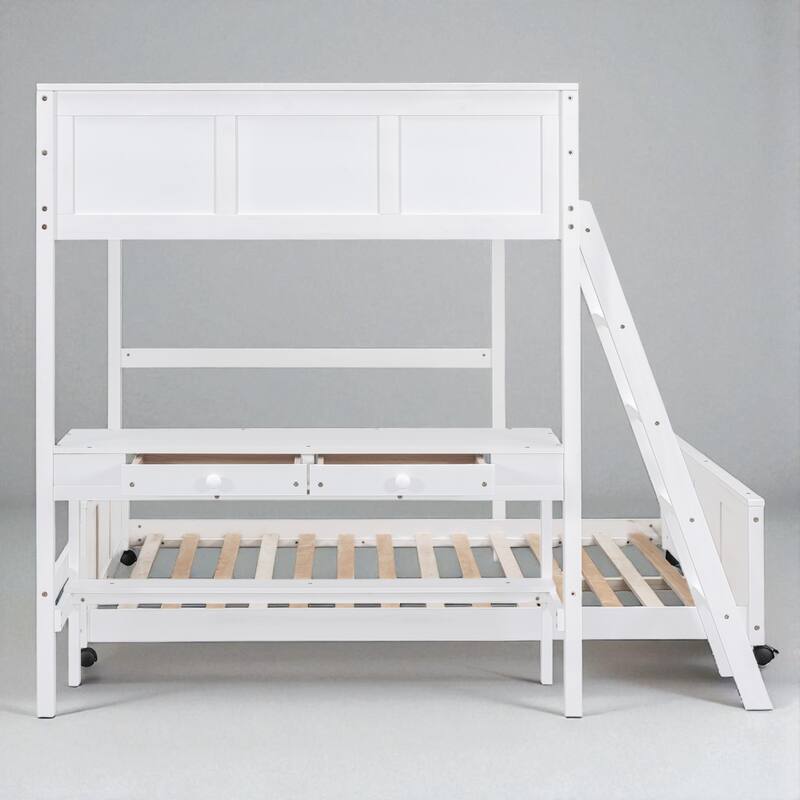 Twin Over Full / Full Over Full Bunk Bed with Built-in Desk and Storage Drawers, Solid Wood Frame