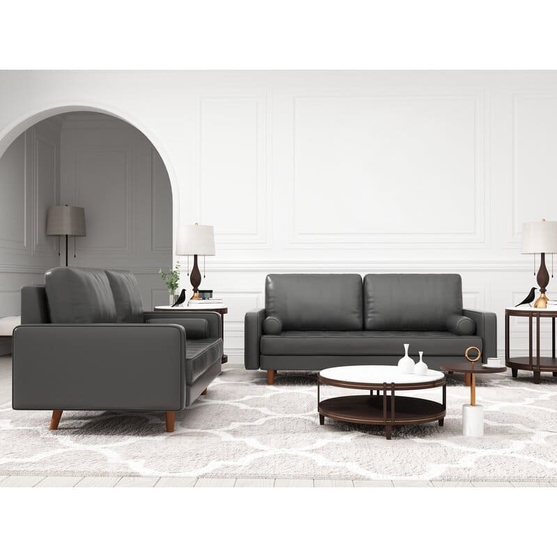 2 Piece Mid-Century Square Arm Leather Sofa Living Room Set - Sofa Width:70" &Loveseat Width:58"