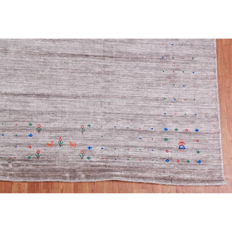 Hand Knotted Oriental Viscose Silk Carpet Tribal Stripe Greys & Charcoal Gabbeh Area Rug - 12' 0'' X 9' 2''