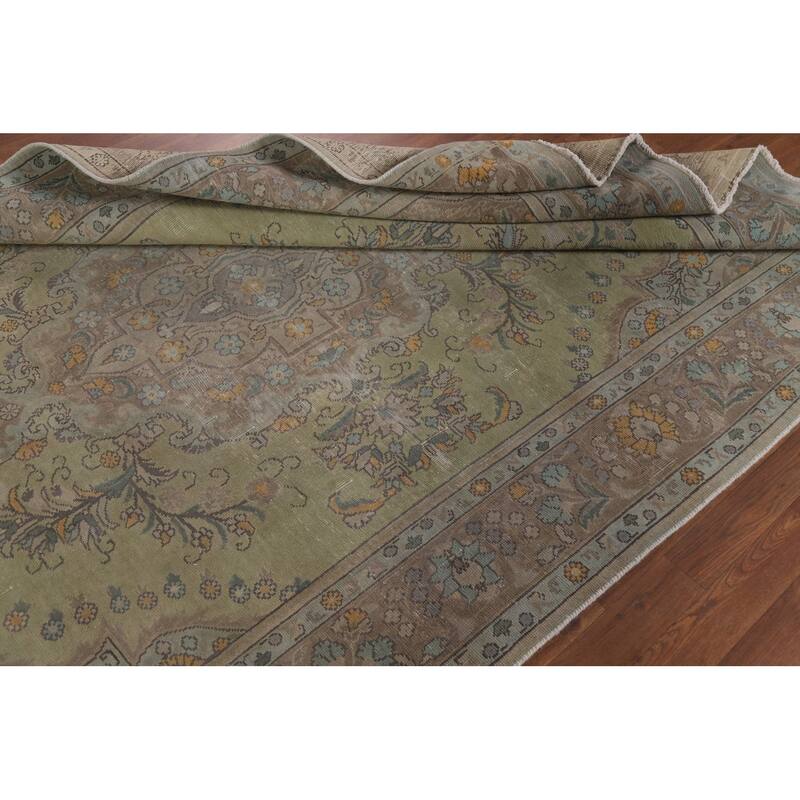 Green Distressed Tabriz Persian Antique Area Rug Handmade Wool Carpet - 6'6" x 9'8"