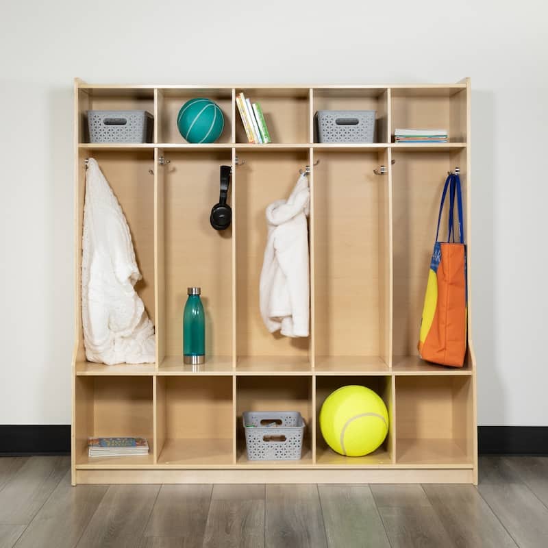 Wood School Coat Locker with Bench, Cubbies and Storage Organizer Hook - 48"W x 13.375" - 15"D x 48"H