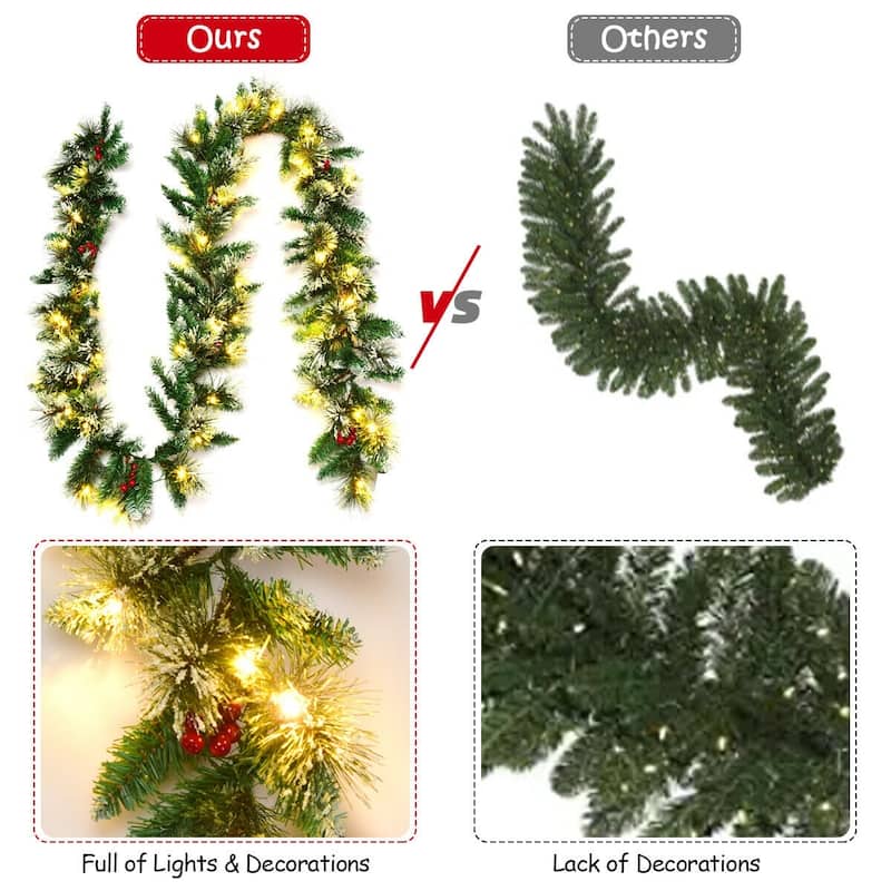 9 Feet Pre-lit Snow Flocked Tips Christmas Garland with Red Berries - Green