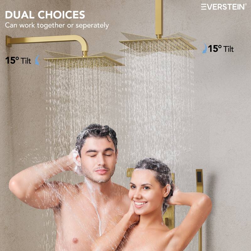 Thermostatic Faucet System 12" Dual Showerheads with 3 Body Jets and Rough-In Valve
