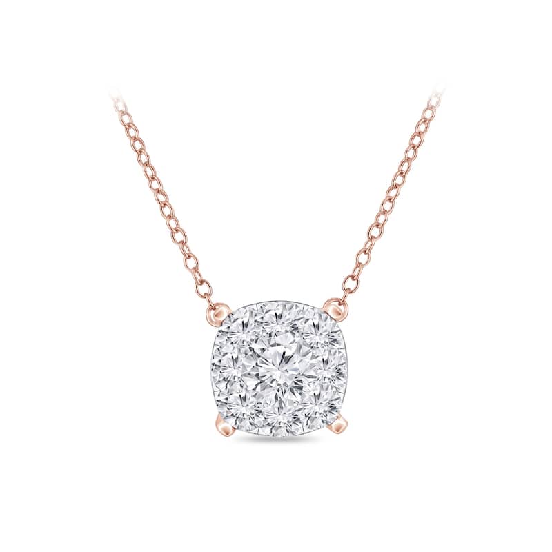 Auriya 14k Gold Pave Diamond Cushion Shape Halo Necklace 1/8ct TW (H-I, I1-I2)