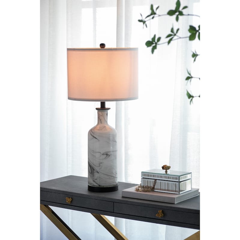 14x14x28.5" Sarris Tall Gray & White Swirl Glass Table Lamp w/ Linen Shade, Back Metal Base - White+gray