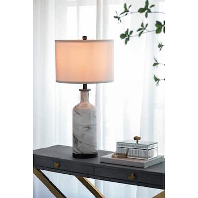 14x14x28.5" Sarris Tall Gray & White Swirl Glass Table Lamp w/ Linen Shade, Back Metal Base