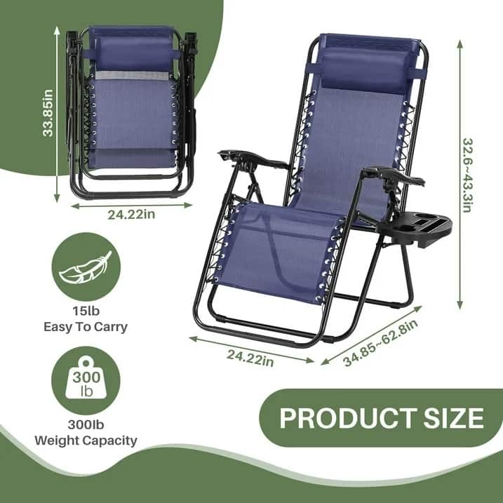 Set of 2 Folding Reclining Lounge Chair, Outdoor Zero Gravity Recliner W/Side Tray & Detachable Headrest Pillow