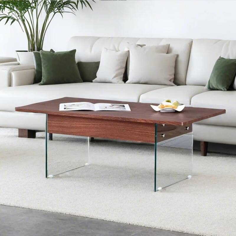 Multifunctional Lift-Top Coffee Table with Tempered Glass Legs, Rectangular Living Room Table 2-Tier Center Table