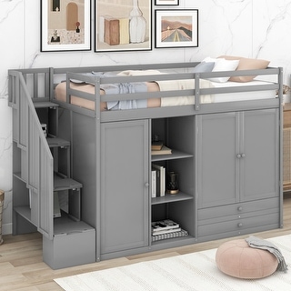 Twin Size Functional Loft Bed with 2 Wardrobes, 2 Drawers, 3 Shelves and Storage Staircase, Solid Wood Bed Frame with Guardrail