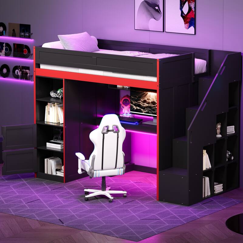 Roomfitters Twin/Full Gaming Loft Bed with Desk, Storage Locker and LED Lights, Black