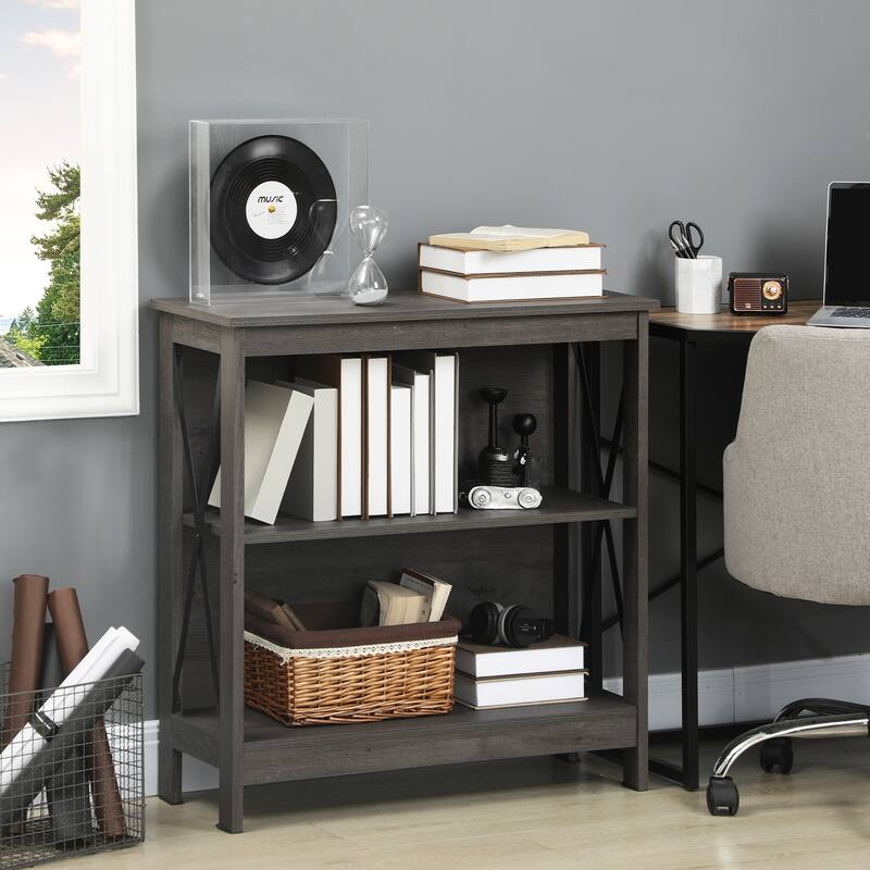 Industrial Style Corner Open Bookshelf with Storage Shelves and Metal X Bar Frame for Living Room