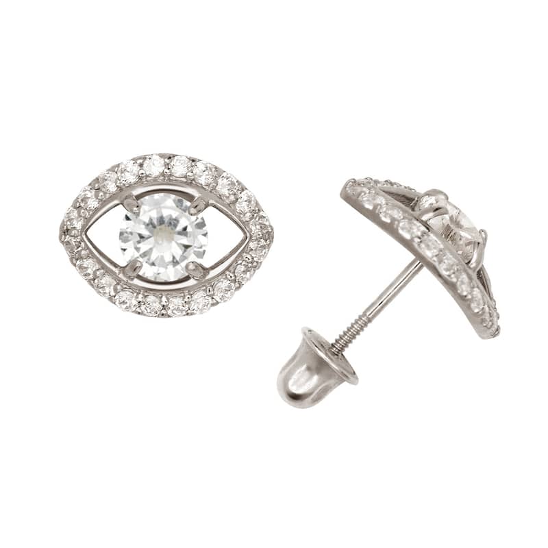 Curata Solid 14k Yellow or White Gold Round Cubic Zirconia Large Clear Evil-Eye Screw-back Stud Earrings (7x10mm) - White - White