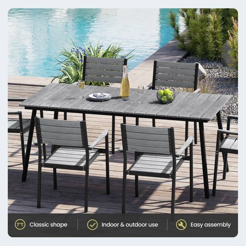 7-Piece Outdoor Dining Set Aluminum Rectangle Patio Dining Table with Umbrella Hole and Stackable Chairs