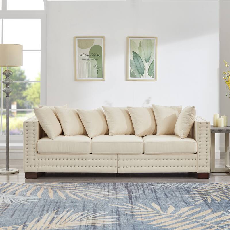 Modern Living Room Sofa with Square Armrest & Silver Nails Decoration - Apricot