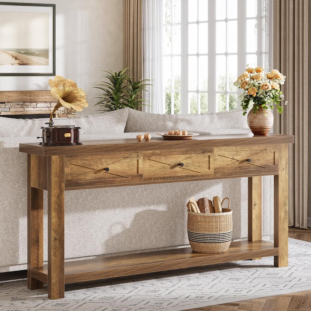 70.9” Farmhouse Console Entryway Table with 3 Drawers and Shelf - 70.9"L x 11.61"W x 33.46"H