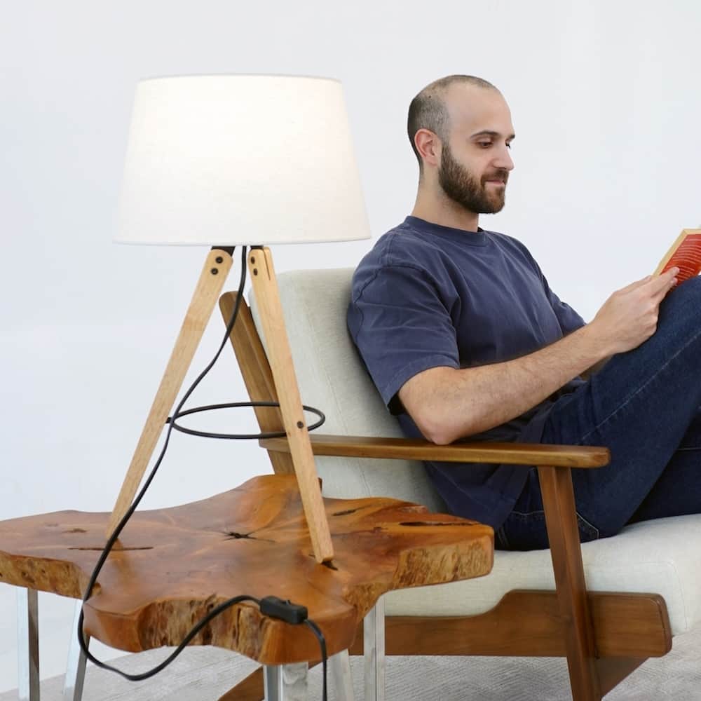 Irina Wooden Tripod Table Lamp with Trapezoid Linen Shade