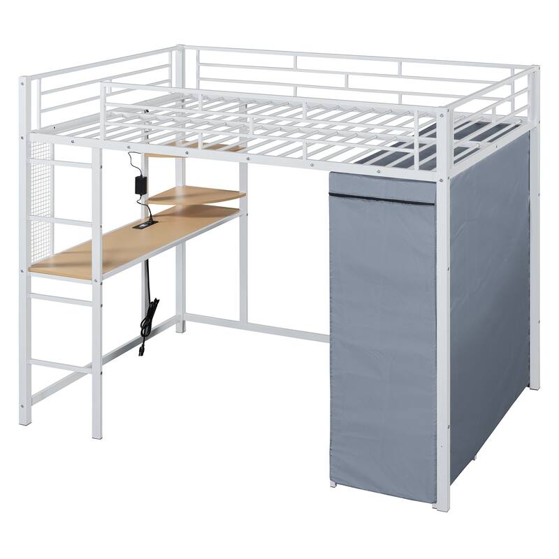 Full Size Metal Loft Bed with Built-in Desk, Wardrobe & Power Outlet - 350LB Capacity