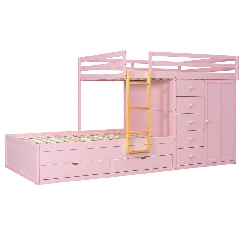 Kids Bed Frame Full Over Full Bunk Bed with Drawers and Wardrobe