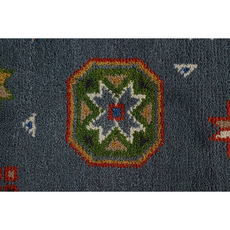 Blue Geometric Kazak Oriental Area Rug Hand-Knotted Wool Carpet - 9'3" x 11'7"
