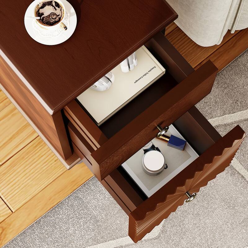 Mid-Century Modern Slim Side Table Walnut Nightstand with Charging Station and 2 Drawers for Bedroom Living Room
