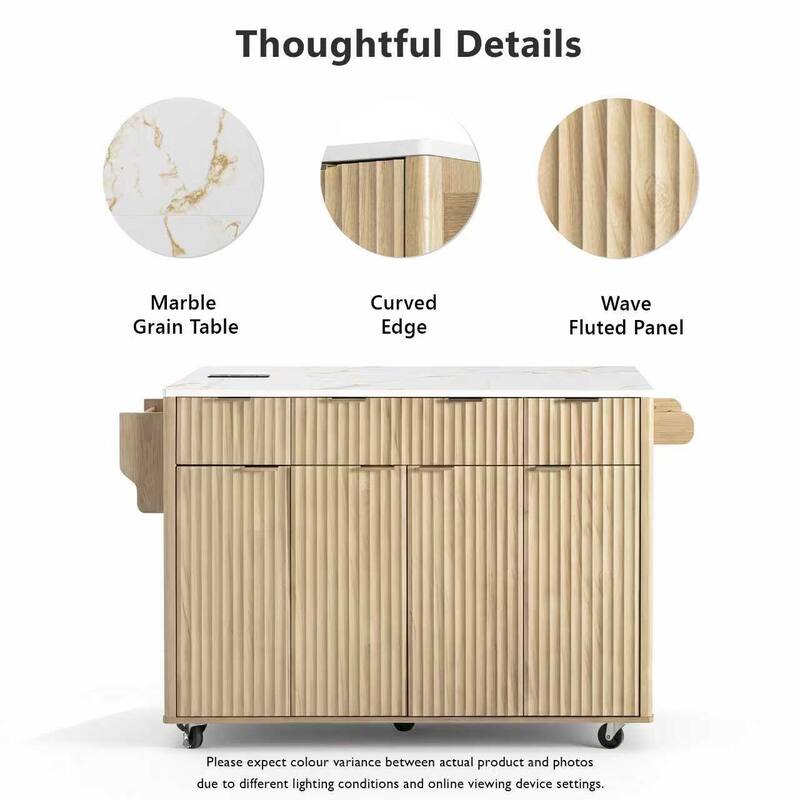 55.5" Fluted Storage Kitchen Island with Drop Leaf and Power Outlet and 3 Drawers