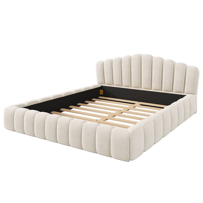 GDFStudio - Celeste Velvet Queen Upholstered Shell Headboard Floor Bed with Low Platform Frame