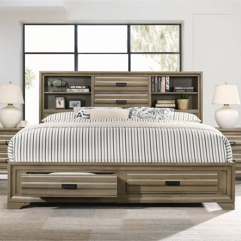 Roundhill Furniture Loiret Rubbed Gray Oak Finish Wood Storage Platform Bedroom Set with Dresser, Mirror, Two Nightstands
