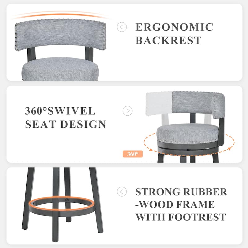 Modern Velvet Swivel Bar Stool - 25" or 30" Counter Height with Adjustable Footrest & Walnut Base, for Kitchen Islands