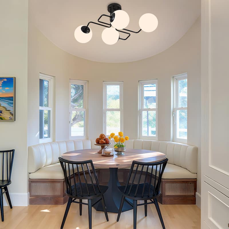 Mid - Century Modern 4 - Light Chandelier, Brass Frame with Glass Globes