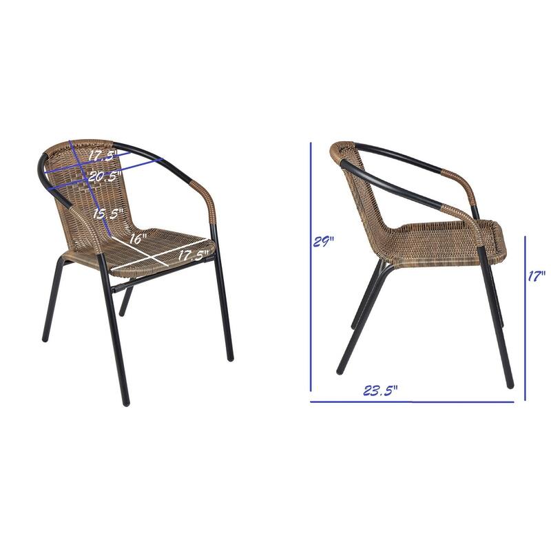 BTEXPERT Indoor Outdoor 23.75" Round Restaurant Table Steel Aluminum + 3 Brown Restaurant Rattan Stack Chairs