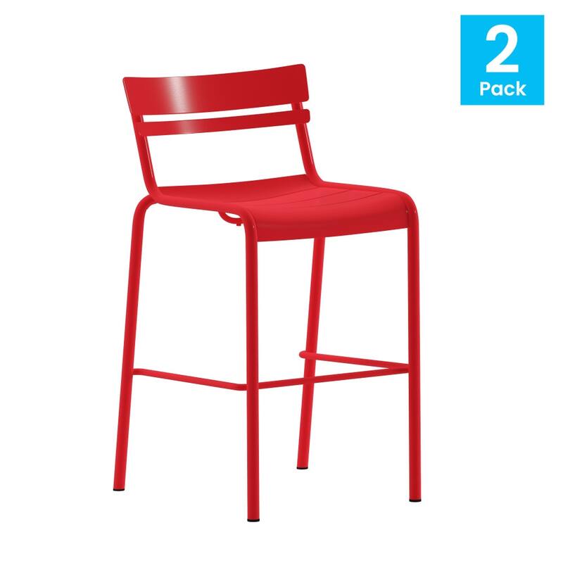 2PK Modern Commercial Grade 2 Slat Indoor/Outdoor Steel Bar Stool