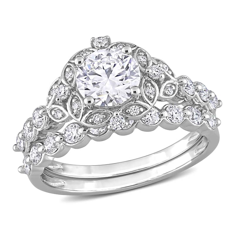 Miadora 1 3/5ct DEW Moissanite Floral Halo Bridal Ring Set in Sterling Silver