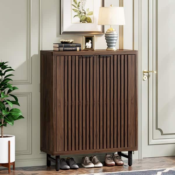 24 Pairs Shoe Storage Cabinet with Door for Entryway Living Room - Dark Brown - without Open Shelf