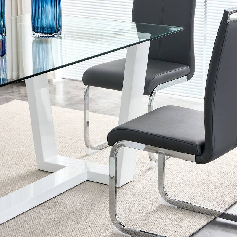 Roomfitters Rectangular Glass Dining Table for 6-8 with White MDF Trapezoid Legs for Dining Room or Kitchen, White