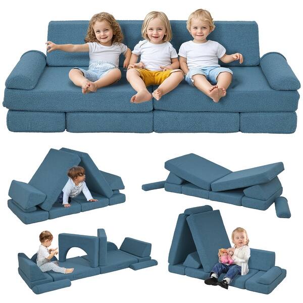slide 2 of 10, 12 Pcs Kids Modular Couch, Toddlers Couch Child Sectional Sofa, Playroom Bedroom Furniture for Boys and Girls, Blue Blue